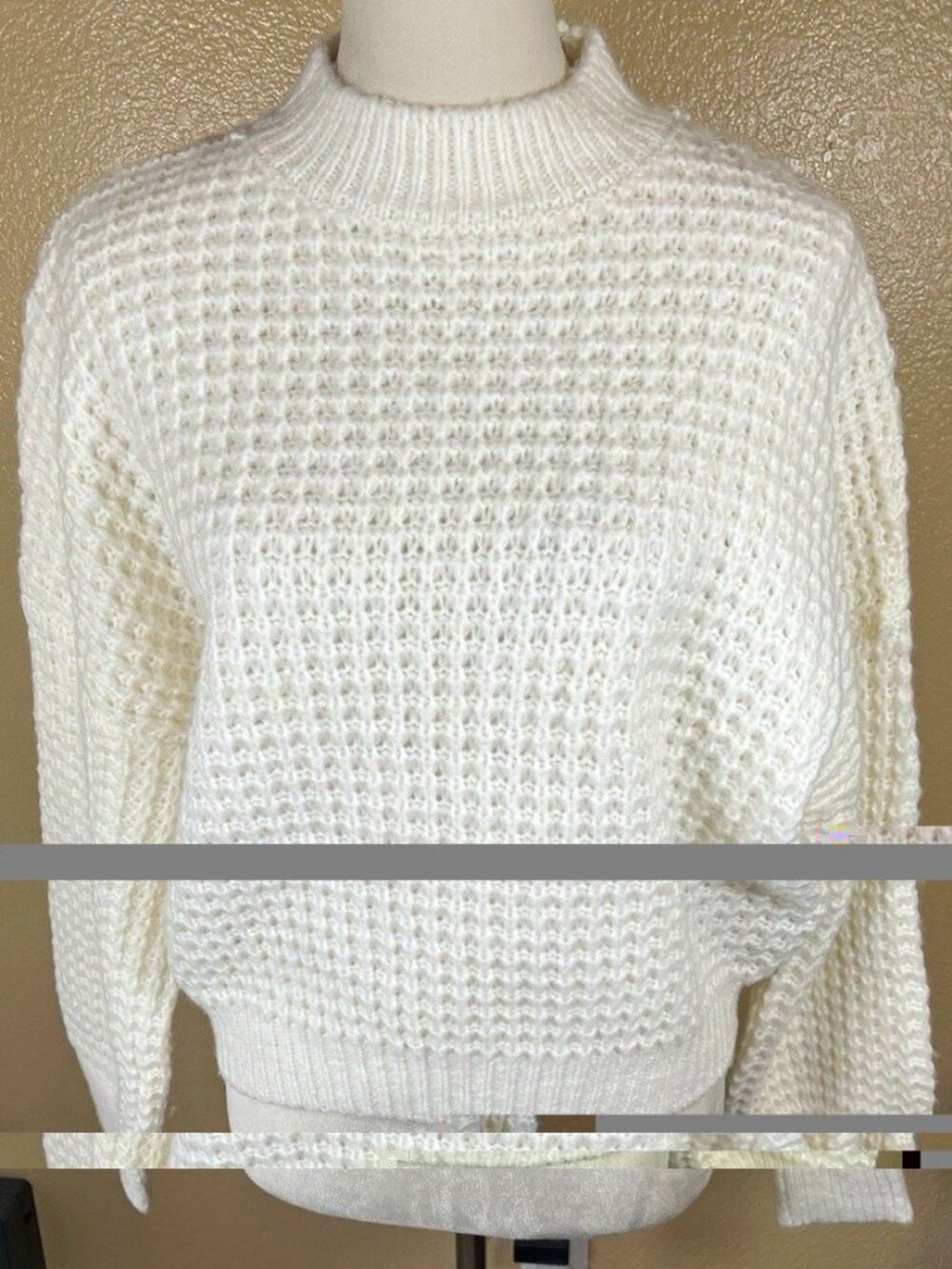 Women’s Ivory Waffle-Knit Mock Neck Balloon Sleeve Ribbed Pullover Sweater M